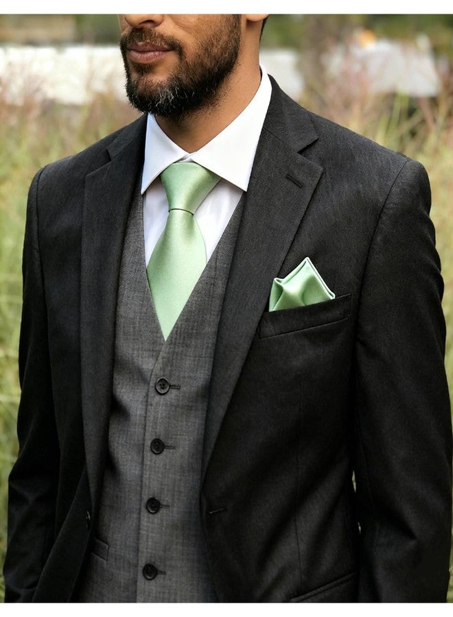 DiBanGu Light Green Tie for Men Satin Green Necktie and Pocket Square Cufflinks Sets Wedding Party - Image 3